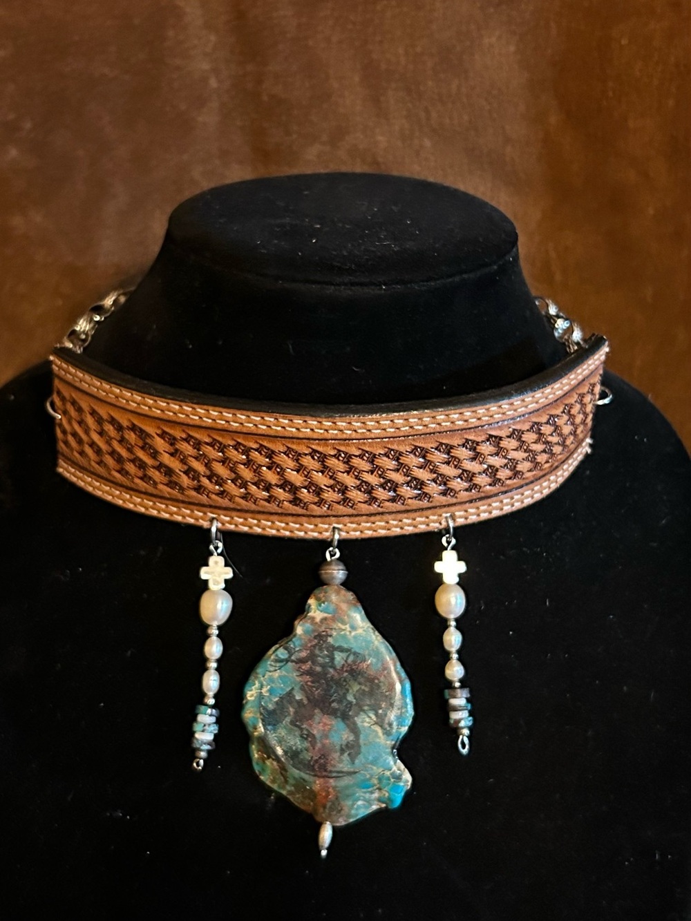 Handcrafted Brown Leather Choker with Turquoise Stone Pendant